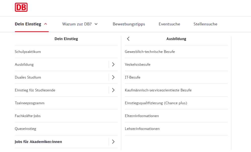 Karriereseite Navigation der deutschen Bahn mit Filterung nach Einsatzgebiet oder Qualifikation