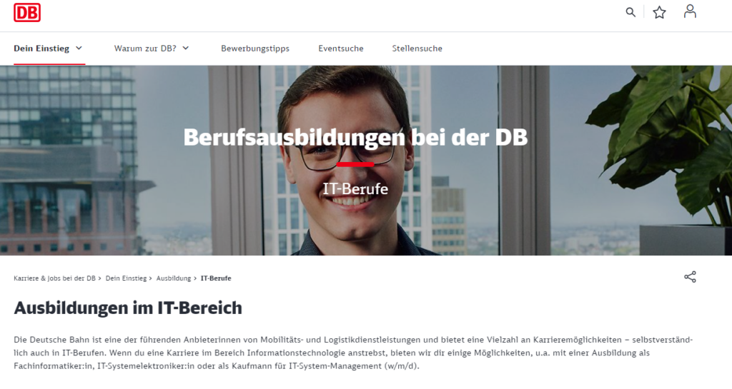 Spezifische Landingpage der deutschen Bahn für Ausbildungen im IT-Bereich