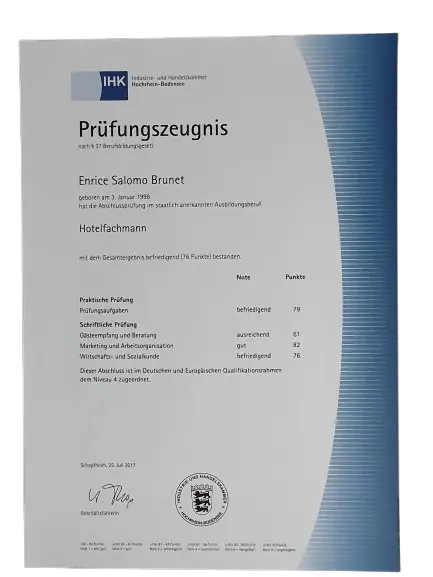 IHK Ausbildungszertifikat Hotelfachmann
