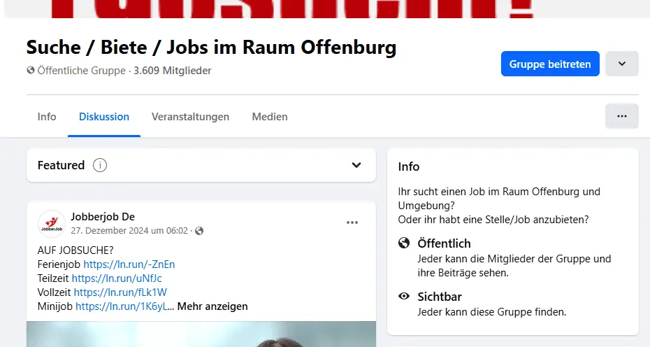 Stellengesuche Gruppe auf Facebook