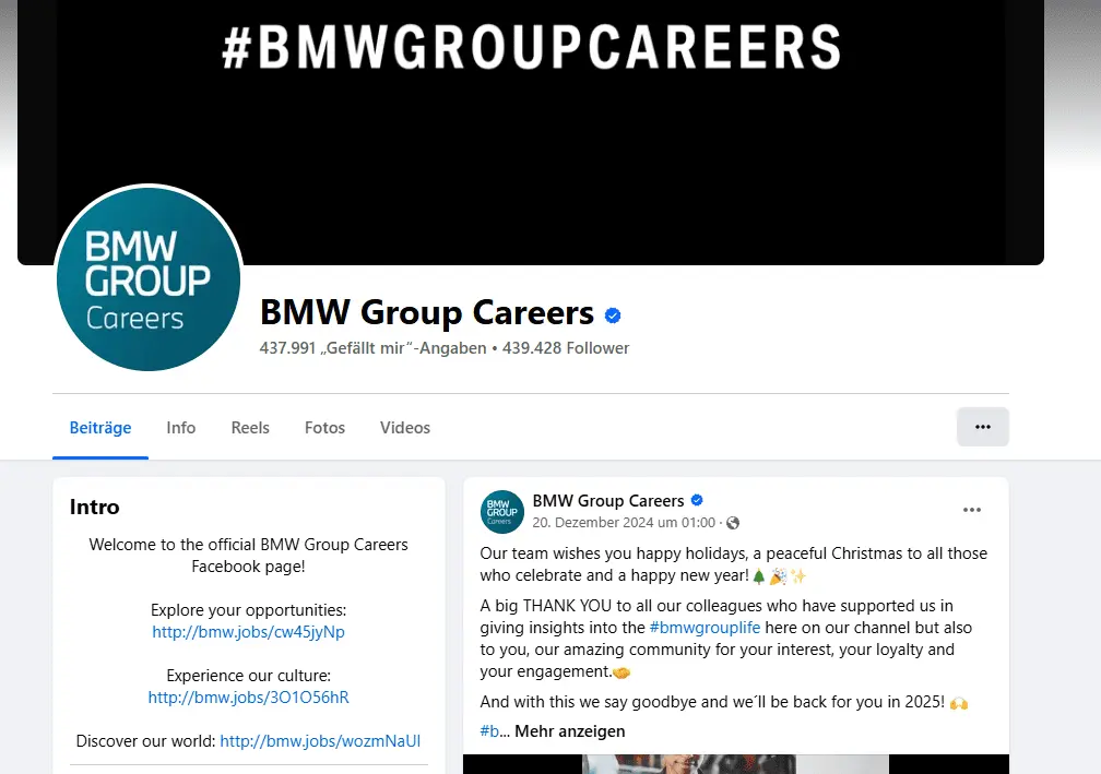 Aufnahme Karriereseite BMW auf Facebook