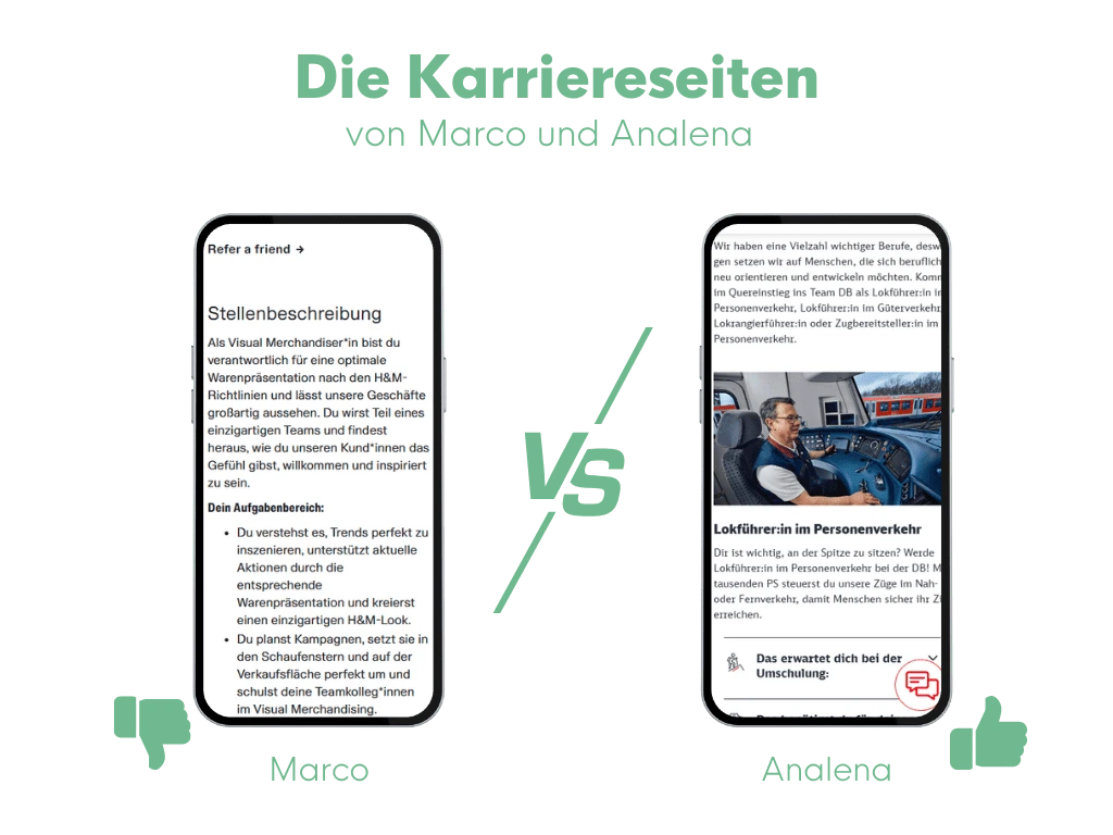 Vergleich gute und schlechte Karriereseite für Candidate Experience