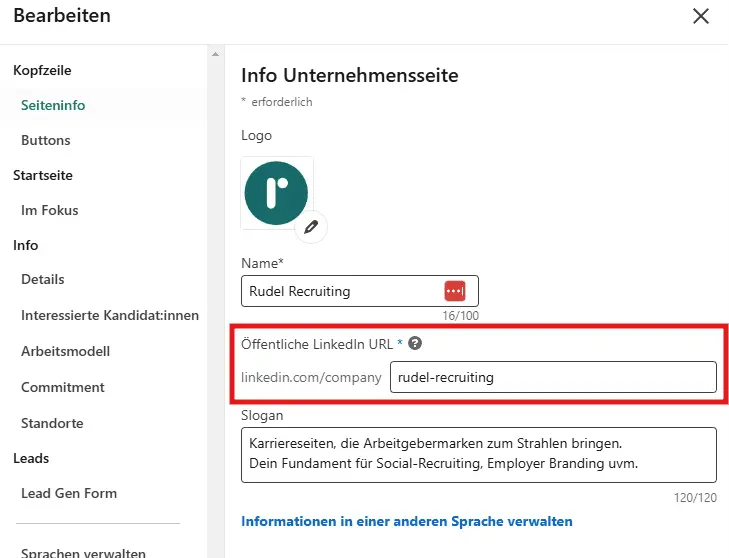 LinkedIn Custom URL Option Seiteninfos