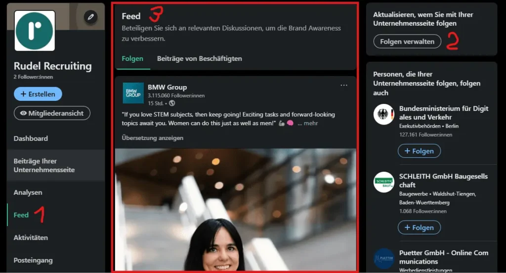 LinkedIn Feed in der Unternehmensansicht