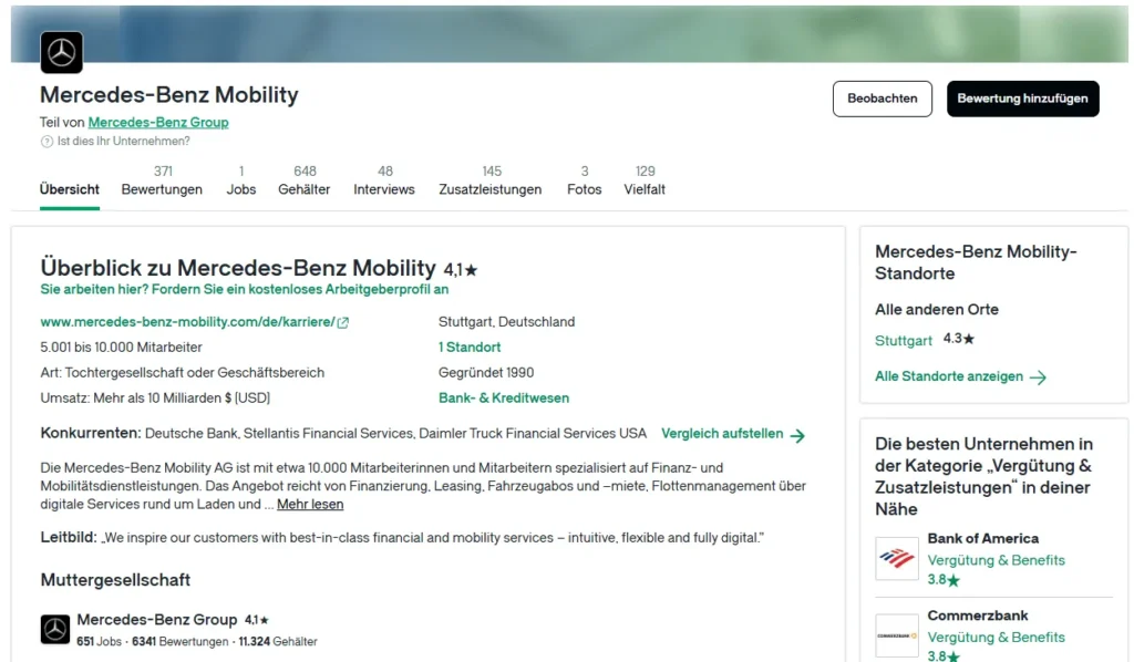 Das Glassdoorprofil von Mercedes