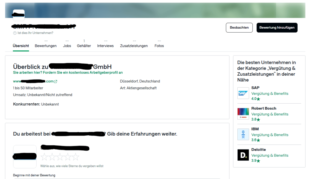 Ein Glassdoorprofil angelegt durch Mitarbeitende