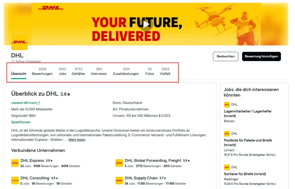 Glassdoor Tabgruppen wo Bewertungen landen